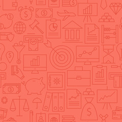Thin Business Line Banking Finance Red Seamless Pattern. Vector Money Design and Seamless Background in Trendy Modern Line Style. Thin Outline Art