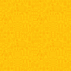 Thin Holiday Line Oktoberfest Yellow Seamless Pattern. Vector German Beer Party Design and Seamless Background in Trendy Modern Line Style. Thin Outline Art
