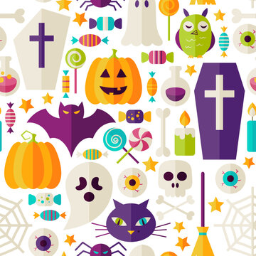 Halloween Party Objects Seamless Pattern over White. Flat Design Vector Seamless Texture Background. Halloween Holiday Template. Trick or Treat