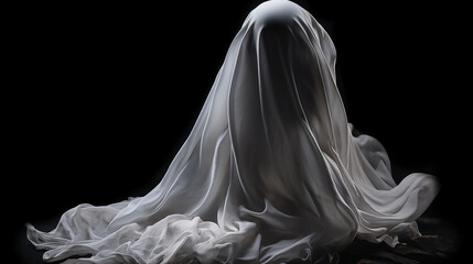 a white cloak dressed ghost is sitting in the dark