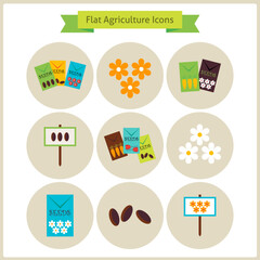 Flat Agriculture and Flowers Icons Set. Vector Illustration. Collection of Nature Garden Colorful Circle Icons. Spring Season and Gardening Concept.