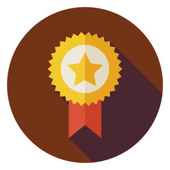 Flat Award Gold Medal Circle Icon with Long Shadow. Sport and Competition Vector Illustration. First Place Winning Object. Medal with Star and Ribbon