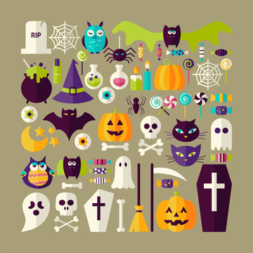 Big Flat Style Vector Collection of Halloween Holiday Objects. Set of Scary October Autumn Halloween Holiday Colorful Objects. Bundle of Tricks and Treats Items. Design Elements