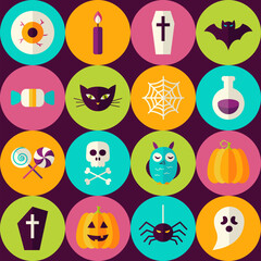 Fototapeta premium Flat Halloween Party Trick or Treat Seamless Pattern with Colorful Circles. Scary Halloween October Holiday Seamless Background Template.