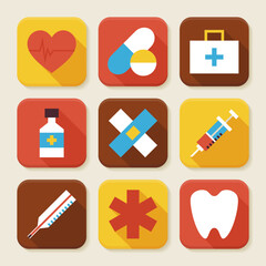 Flat Health and Medicine Squared App Icons Set. Flat Style Vector Illustration. Medical and Health Care Set. Collection of Square Rectangular Shape Application Colorful Icons with Long Shadow