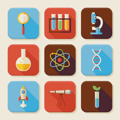 Flat Science and Education Squared App Icons Set.  Flat Style Vector Illustrations. Back to School. Chemistry Biology Physics Astronomy and Research. Collection of Square Rectangular Shape Application