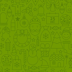 Line Art Holiday Christmas Green Seamless Pattern. Vector Winter Party Design Background in Modern Line Style. Thin Outline Art. Happy New Year