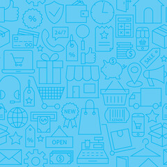 Thin Line Online Shopping Commerce Seamless Blue Pattern. Vector Retail and Marketplace Design and Seamless Background in Trendy Modern Line Style. Thin Outline Art