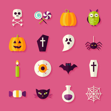 Flat Halloween Trick or Treat Objects Set with Shadow. Flat Style Vector Illustrations. Autumn Halloween Party Holiday. Tricks and Treats Set. Collection of Objects over Pink Background