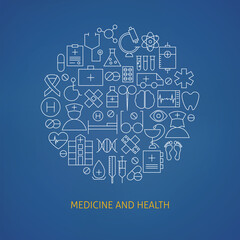 Thin Medical Line Health Care Icons Set Circle Shaped Concept. Vector Illustration of Medical Objects over Blue Background