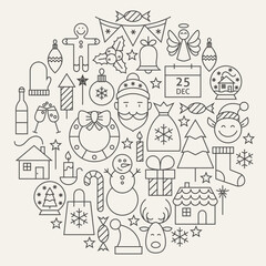 Fototapeta na wymiar Christmas New Year Holiday Line Icons Set Circular Shaped. Vector Illustration of Decoration and Festival Cold Celebration Objects. Winter Holiday Items.