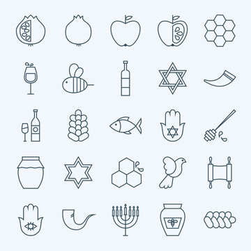 Line Holiday Rosh Hashanah Icons Set. Vector Set of 25 Jewish New Year Holiday Modern Line Icons for Web and Mobile. Israel Judaism Icons Collection