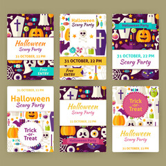 Halloween Party Invitation Template Set. Flat Design Vector Illustration of Brand Identity for Halloween Promotion. Trick or Treat Colorful Pattern for Advertising