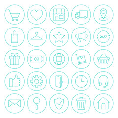 Line Circle Online Shopping E-commerce Website Icons Set. Vector Set of Store Market Service Modern Thin Line Icons for Web and Mobile Circle Shaped over White Background