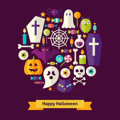Vector Flat Style Halloween Objects Concept. Flat Design Vector Illustration. Collection of Trick or Treat Colorful Objects. Set of Scary Halloween Party Items.