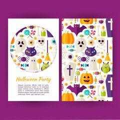 Fototapeta na wymiar Vector Halloween Party Banners Set Template. Flat Style Vector Illustration of Brand Identity for Halloween Promotion. Colorful Pattern for Advertising. Trick or Treat
