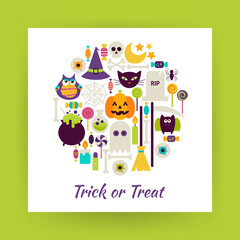 Flat Style Circle Vector Set of Halloween Holidays Trick or Treat Objects over white Paper. Collection of Witch and Magic Items Isolated over white. Design Elements over Paper Template