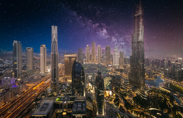 UAE, Dubai panoramic skyline view of city downtown and Dubai Mall.