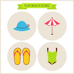 Flat Summer Beach Website Icons Set. Vector Illustration. Flat Circle Icons for web. Summer Holidays and Resort. Summer Vacation. Collection of Tropical Resort Colorful Circle Icons. Sea Marine Concep