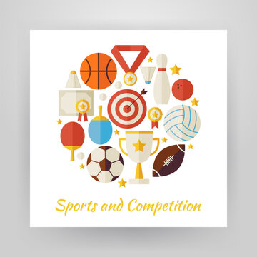 Flat Style Circle Vector Set of Sport Recreation and Competition Objects Isolated over White. Flat Design Vector Illustration. Collection of Sports and Activities Colorful Objects. Set of Team Games F