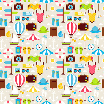 Flat Summer Beach Vacation Holiday Seamless Pattern. Travel Flat Design Vector Illustration. Tiling Background. Collection of Summer Holidays and Beach Resort Colorful Objects.