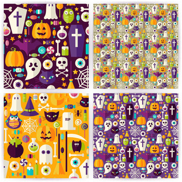 Four Seamless Halloween Party Patterns Collection. Flat Style Vector Seamless Texture Backgrounds. Collection of Halloween Holiday Templates. Trick or Treat