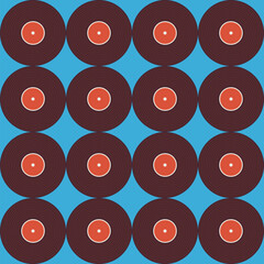Seamless Pattern Music Vinyl Disc over Blue. Flat Style Vector Seamless Texture Background. Musical Template. Retro Vintage Vinyl Record