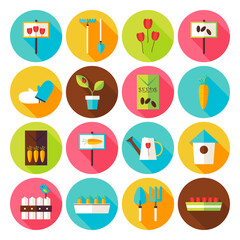 Nature Garden Environment Circle Icons Set with long Shadow. Flat Design Vector Illustration. Spring Season Gardening Equipment. Set of Plants and Flowers Items.