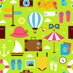 Flat Summer Time Travel Seamless Pattern. Resort Vacation Seamless Pattern. Voyage Flat Design Vector Illustration. Tiling Background. Collection of Summer Holidays and Ocean Beach Colorful Objects.