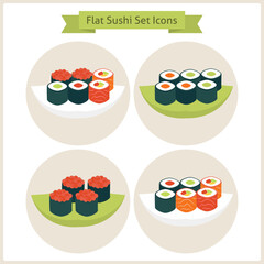 Flat Sushi Circle Icons Set. Set of Japanese Food. Vector Illustration. Flat Circle Icons for web. Sushi rolls. Restaurant food. Asian Menu