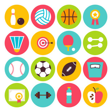 Flat Sport Recreation and Fitness Circle Icons Set. Collection of Healthy lifestyle and Diet Objects. Sports Activities Competition and Team Sport Games