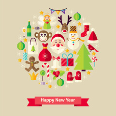 Happy New Year Objects Concept. Flat Design Vector Illustration. Collection of Winter Holiday Colorful Objects. Set of Merry Christmas Items.