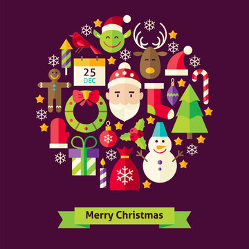 Merry Christmas Objects Concept. Flat Design Vector Illustration. Collection of Winter Holiday Colorful Objects. Set of Happy New Year Items.