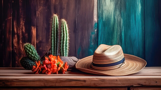 Wooden background with a cowboy hat lying on the table and a cactus. Wild West style background. Generative AI