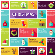 Flat Design Vector Icons Infographic Merry Christmas Concept. Design elements for mobile and web applications with long shadow. Happy New Year winter holiday.