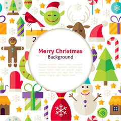 Fototapeta premium Merry Christmas Background. Flat Style Vector Illustration for Happy New Year Promotion Template. Colorful Objects for Advertising. Corporate Identity with Text.