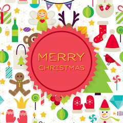 Naklejka premium Merry Christmas Background. Flat Style Vector Illustration for Happy New Year Promotion Template. Colorful Winter Holiday Objects for Advertising.
