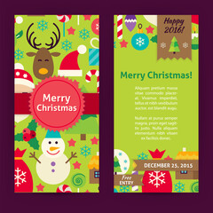 Flyer Template of Merry Christmas Objects and Elements. Flat Style Design Vector Illustration of Brand Identity for Happy New Year Promotion. Colorful Pattern for Advertising.