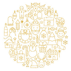 Gold Merry Christmas Holiday Line Icons Set Circle Shape. Vector Illustration of Decoration Cold Celebration Objects. Winter Holiday Items.