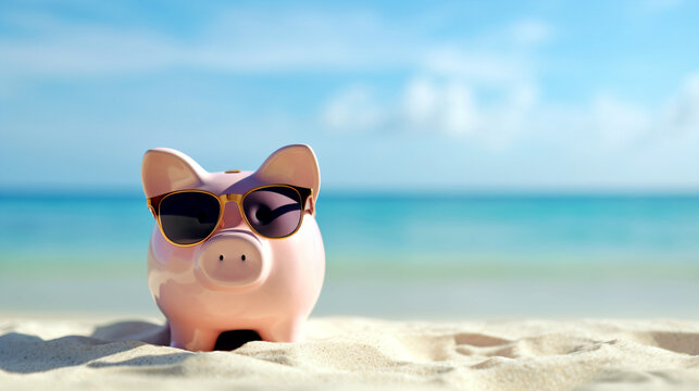 piggy bank and coins on beach
