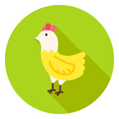 Hen Circle Icon with long Shadow. Flat Design Vector Illustration with Long Shadow. Animal Bird Symbol.