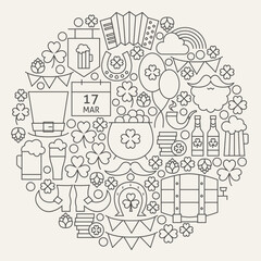 Saint Patrick Day Line Icons Set Circle Shape. Vector Illustration of Spring Irish Holiday Objects. Lucky Items.