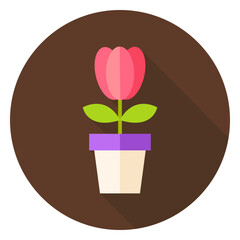 Spring Tulip Flower in the Pot Circle Icon. Flat Design Vector Illustration with Long Shadow. Garden Plant Symbol.