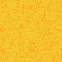 Thin Happy Easter Line Seamless Yellow Pattern. Vector Website Design and Seamless Background in Trendy Modern Outline Style. Spring Holiday.