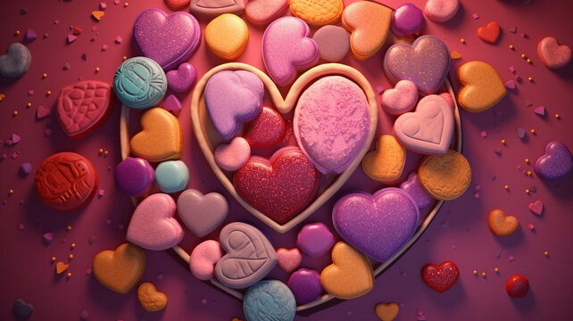 Fototapeta Valentine's Day celebration concept. Top view photo of heart shaped saucers with confectionery cookies jelly candies inscriptions love and confetti on isolated, generative ai