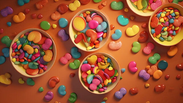 Fototapeta Valentine's Day celebration concept. Top view photo of heart shaped saucers with confectionery cookies jelly candies inscriptions love and confetti on isolated, generative ai