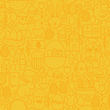 Thin Happy Easter Line Seamless Yellow Pattern. Vector Website Design and Seamless Background in Trendy Modern Outline Style. Spring Holiday.