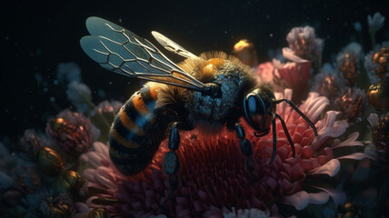 Closeup of bee taking polen from a sunflower flower, generative ai - obrazy, fototapety, plakaty