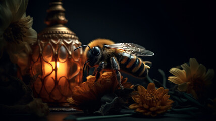 Fototapeta na wymiar Closeup of bee taking polen from a sunflower flower, generative ai