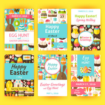 Easter Greeting Vector Template Invitation Set in Modern. Flat Design Vector Illustration of Brand Identity for Spring Religious Holiday Promotion. Colorful Pattern for Advertising.